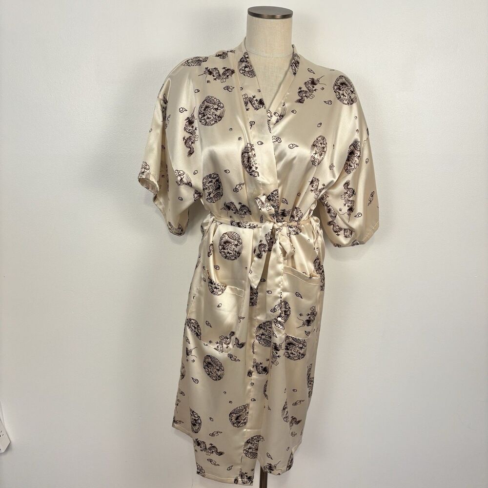 Sheng Tangkuvi Womens Medium Satin Kimono Robe Ivory Cream Asian Graphic Lounge